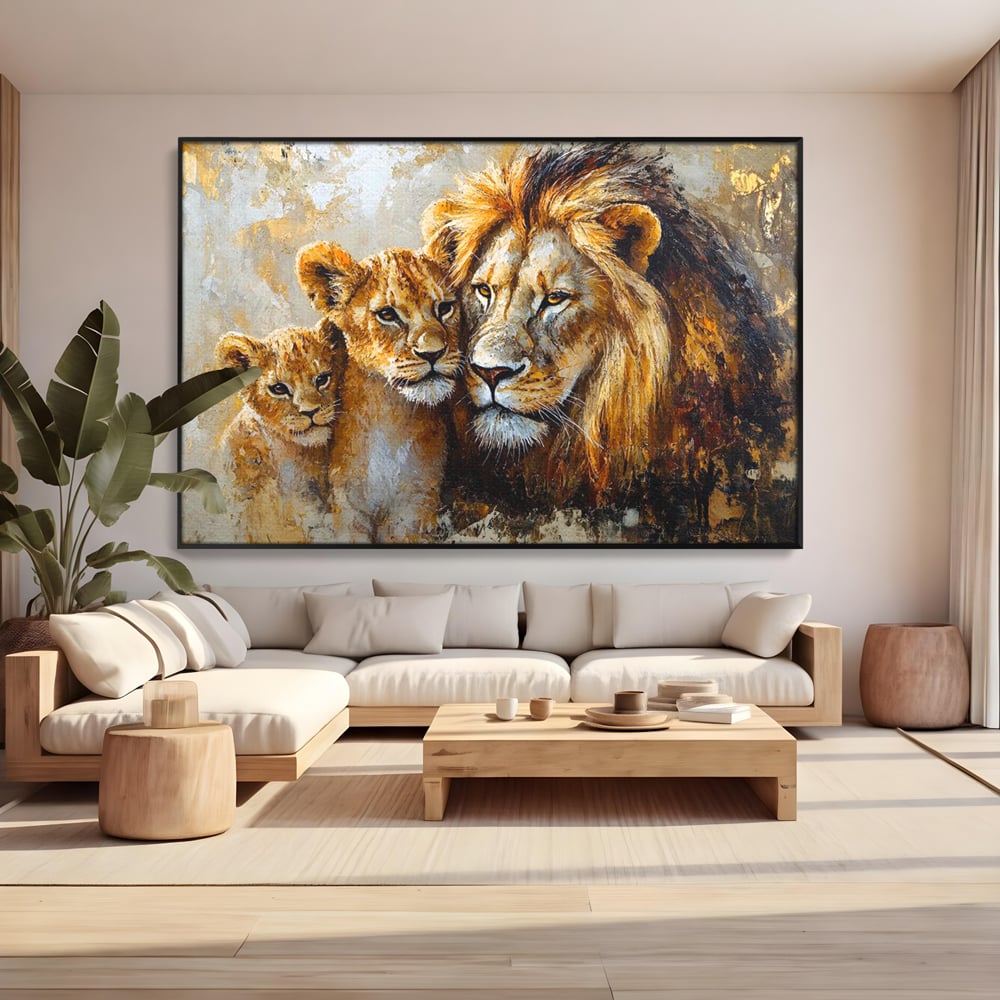 Tablou canvas cu tablou cu leu adult si doi pui, in rama de aluminiu negru, pe perete intr-un living